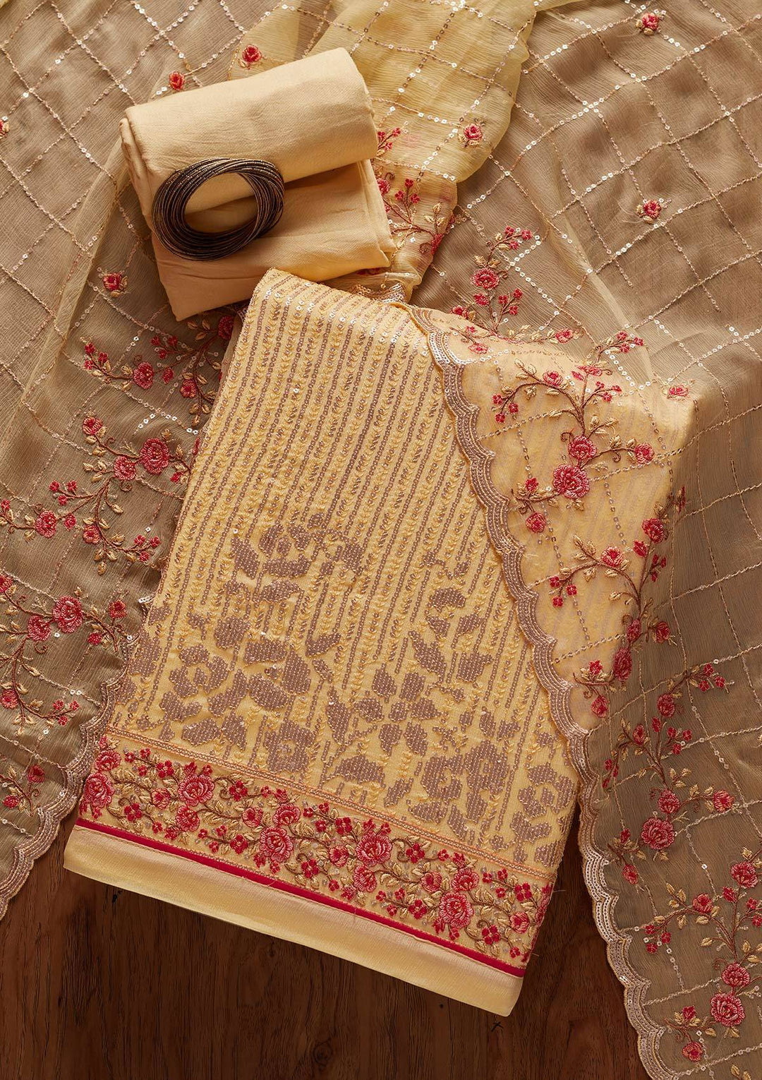Lemon Yellow Sequins Georgette Designer Unstitched Salwar Suit - koskii