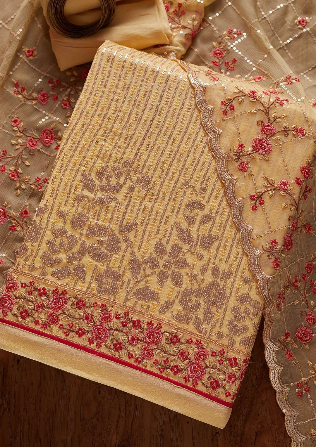Lemon Yellow Sequins Georgette Designer Unstitched Salwar Suit - koskii