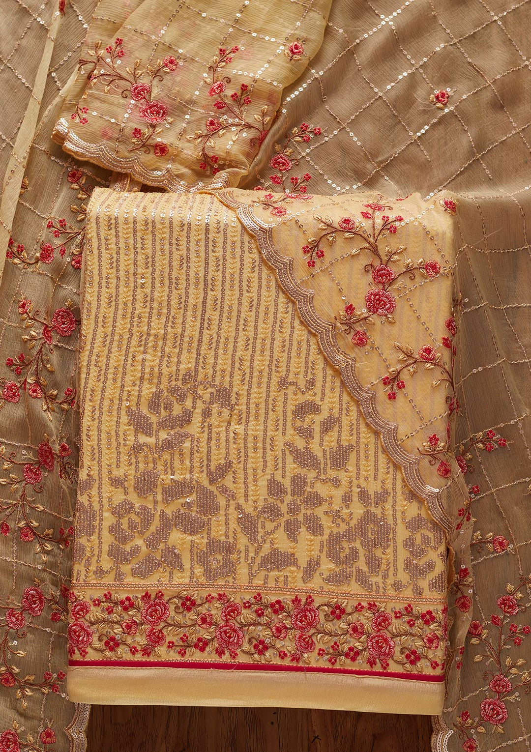 Lemon Yellow Sequins Georgette Designer Unstitched Salwar Suit - koskii