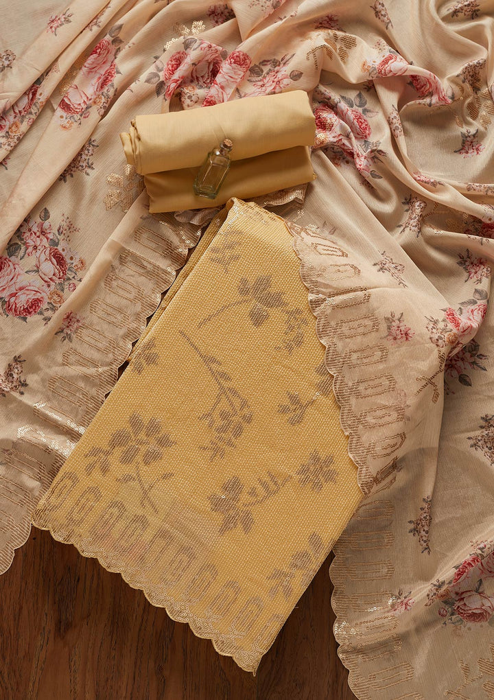 Lemon Yellow Sequins Georgette Designer Unstitched Salwar Suit - koskii
