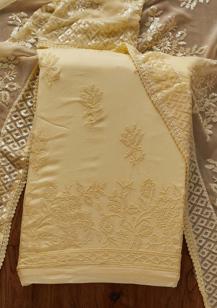 Lemon Yellow Sequins Georgette Designer Unstitched Salwar Suit - koskii
