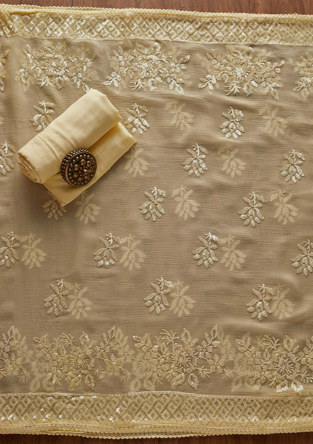 Lemon Yellow Sequins Georgette Designer Unstitched Salwar Suit - koskii