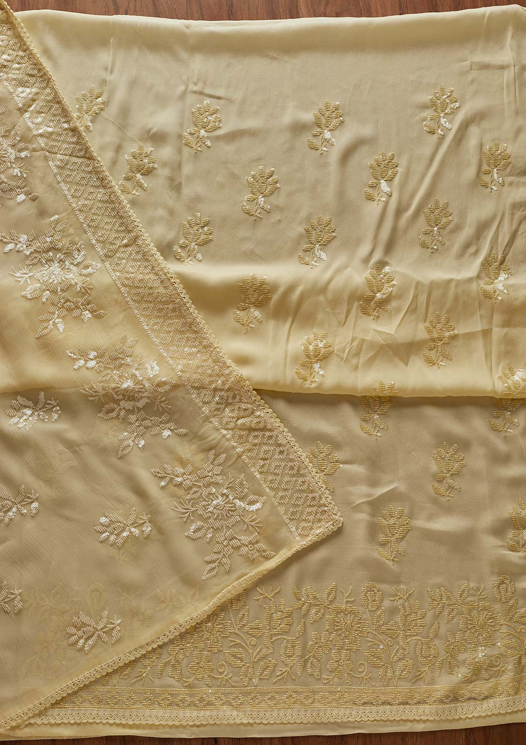 Lemon Yellow Sequins Georgette Designer Unstitched Salwar Suit - koskii