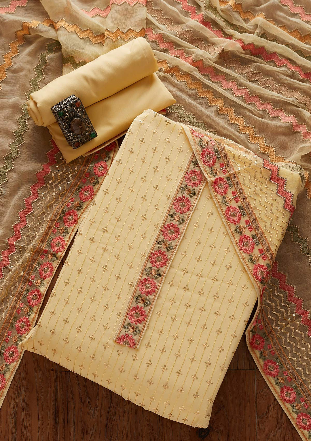 Lemon Yellow Sequins Georgette Designer Unstitched Salwar Suit - koskii
