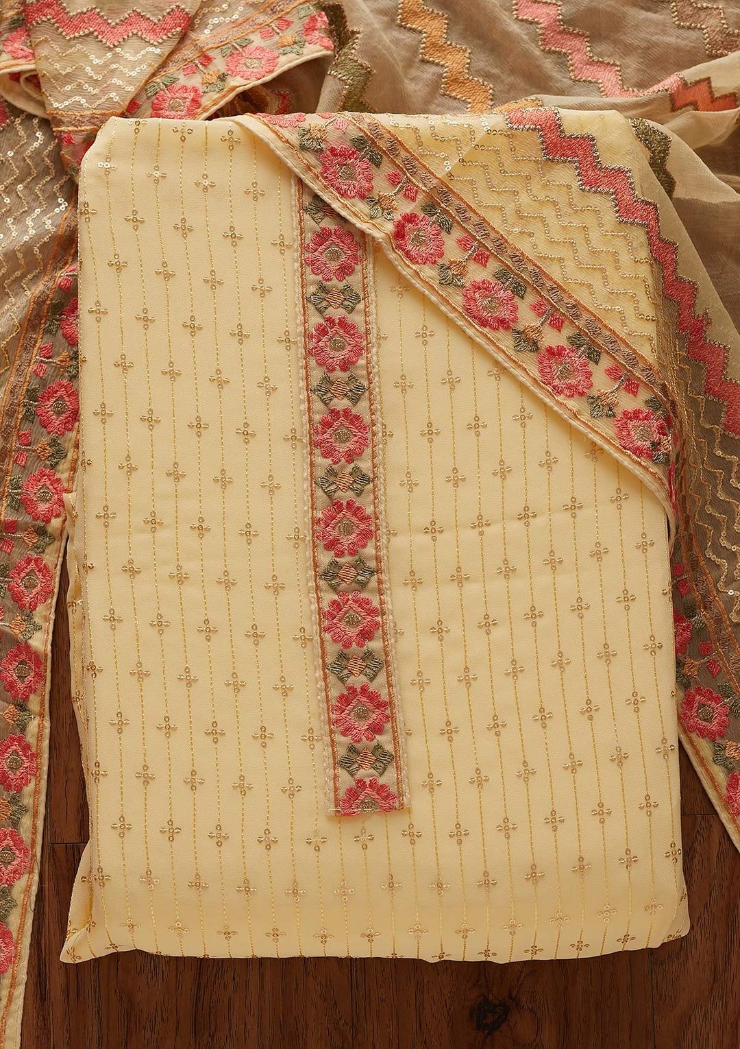 Lemon Yellow Sequins Georgette Designer Unstitched Salwar Suit - koskii