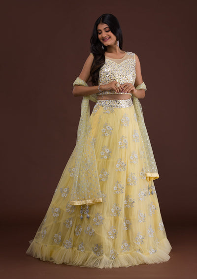 Lemon Yellow Sequins Net Designer Lehenga-Koskii