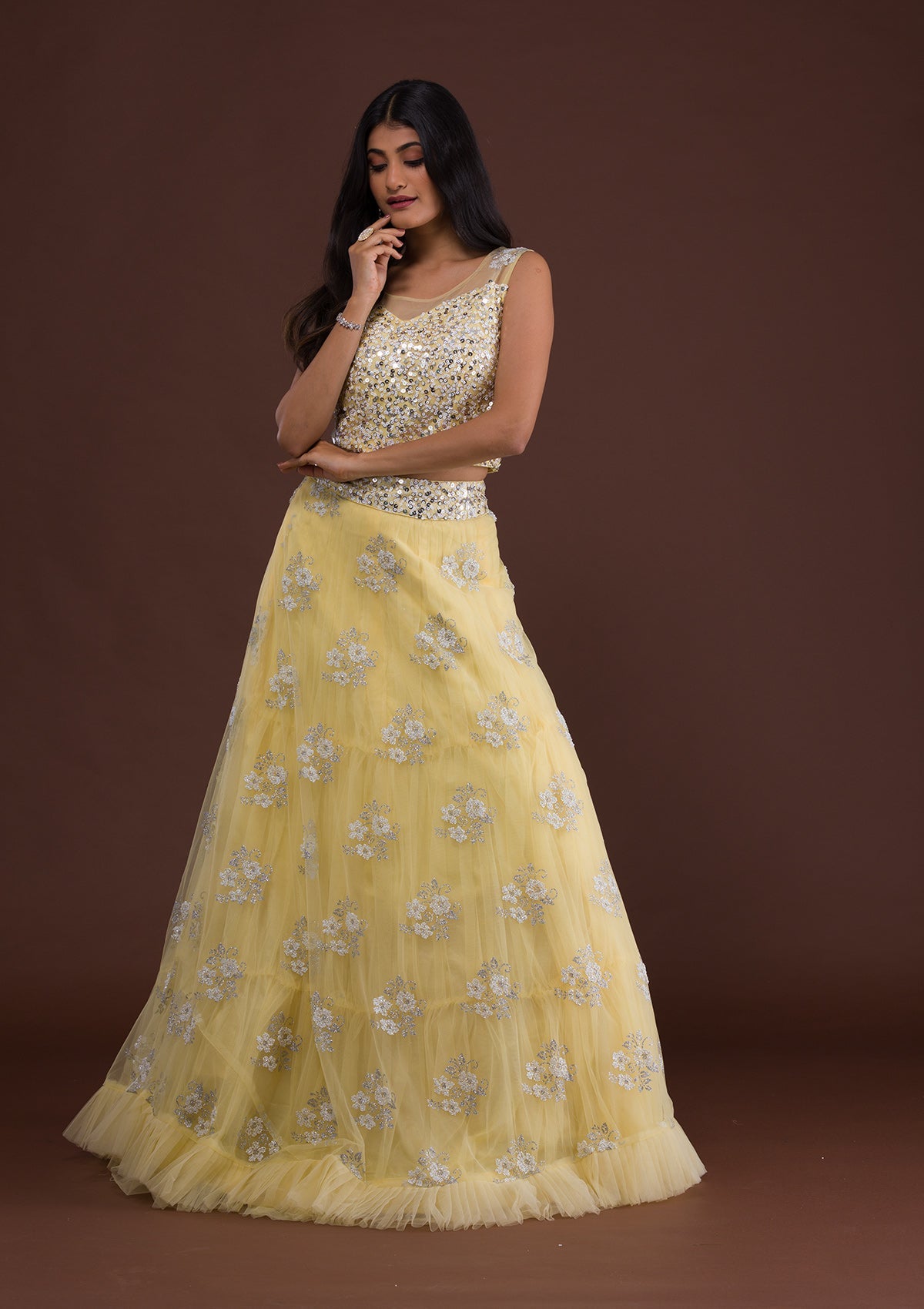 Lemon Yellow Sequins Net Readymade Lehenga-Koskii