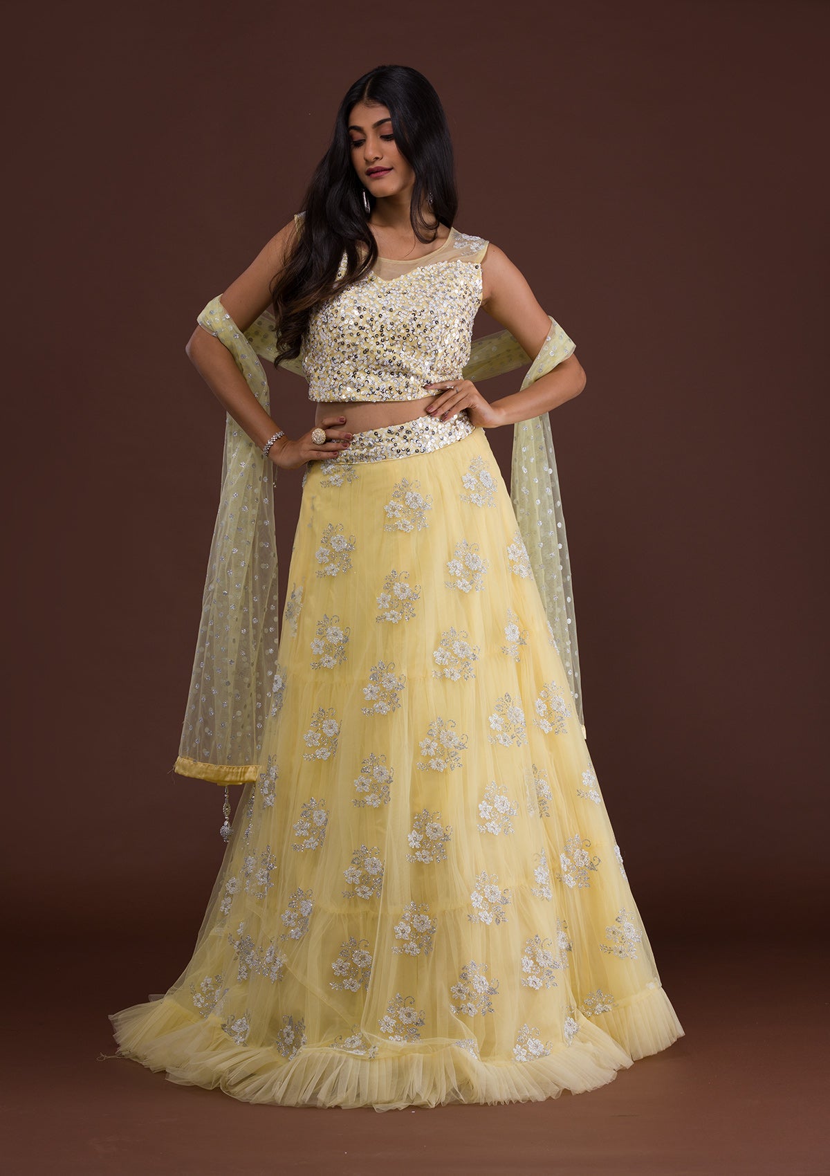 Lemon Yellow Sequins Net Readymade Lehenga-Koskii