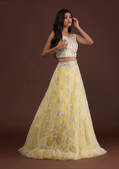 Lemon Yellow Sequins Net Readymade Lehenga-Koskii