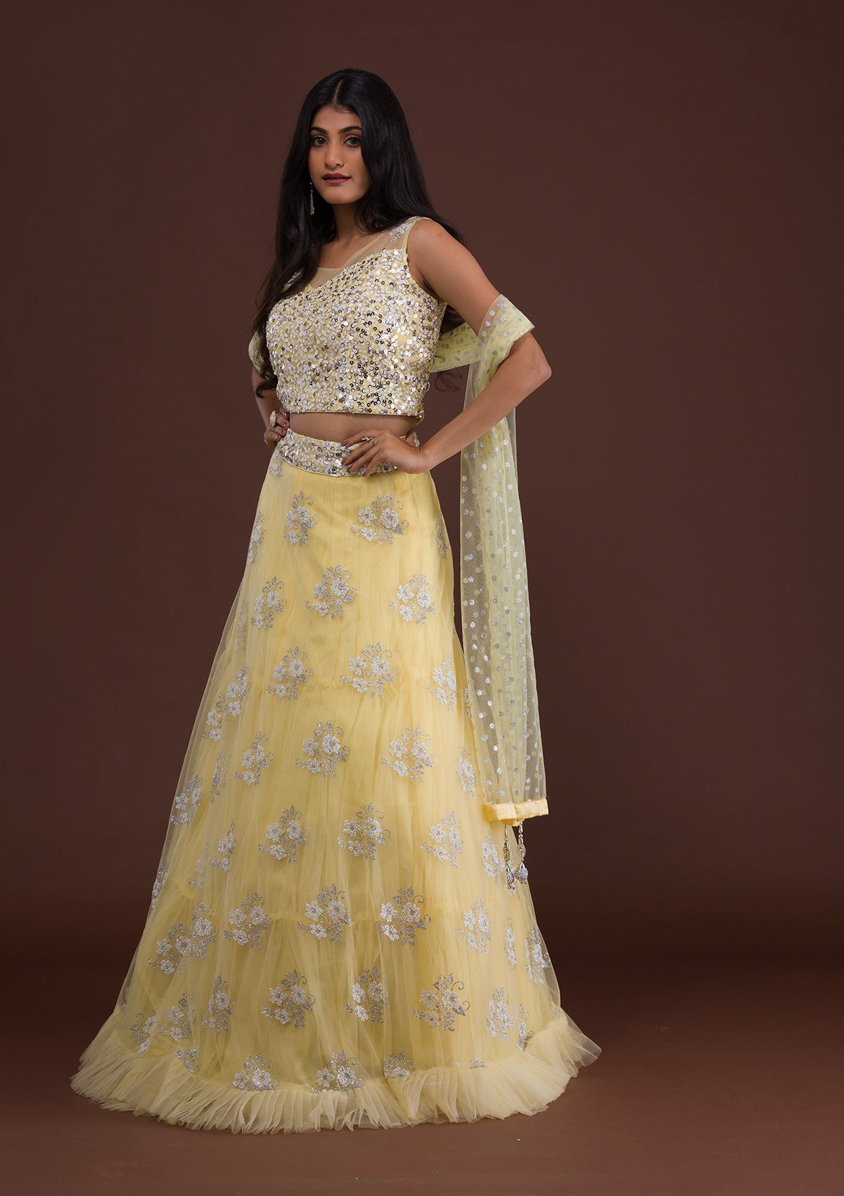 Lemon Yellow Sequins Net Readymade Lehenga-Koskii