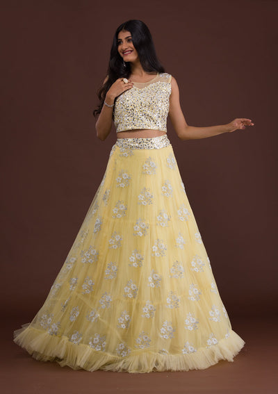 Lemon Yellow Sequins Net Readymade Lehenga-Koskii