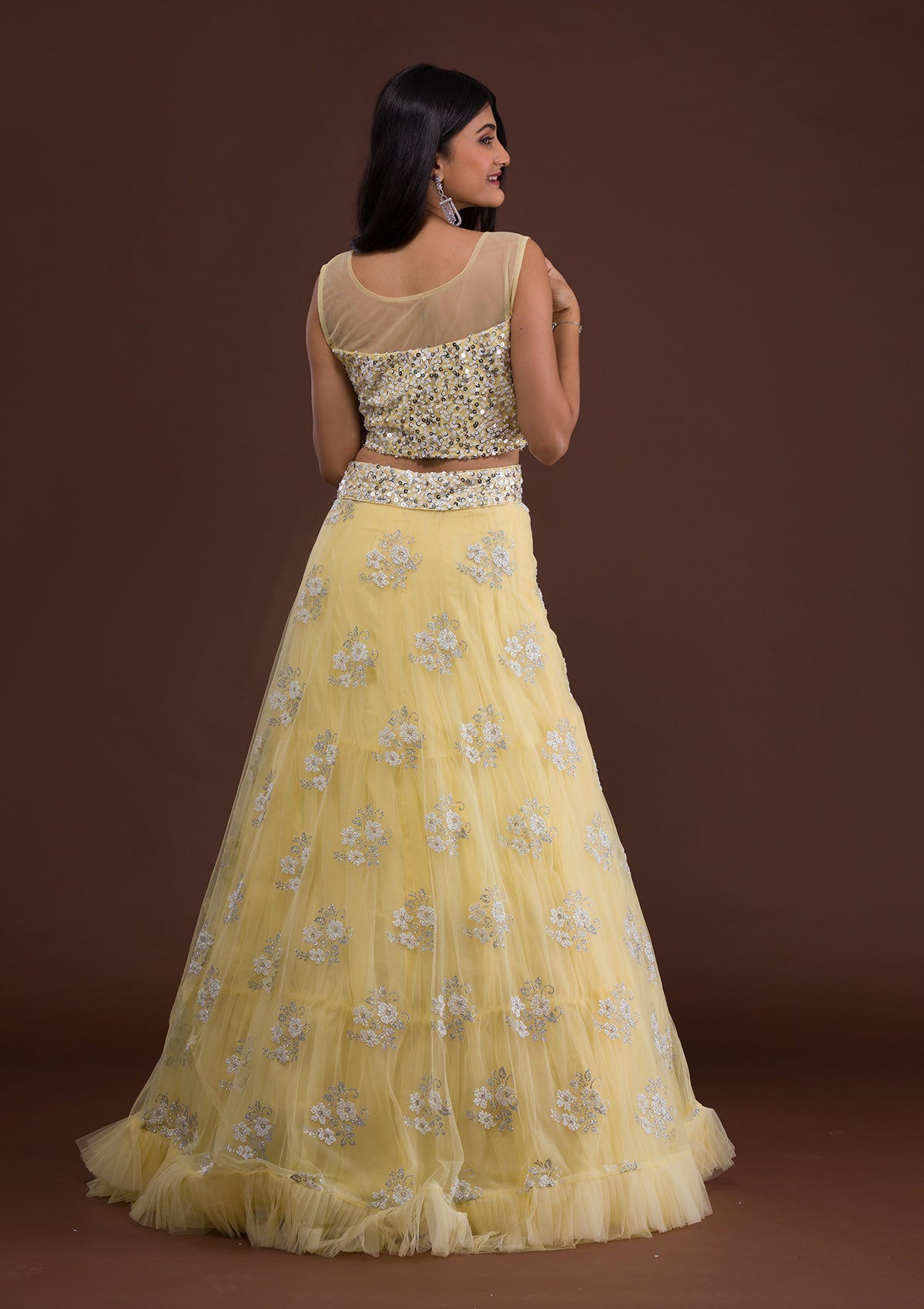 Lemon Yellow Sequins Net Readymade Lehenga-Koskii