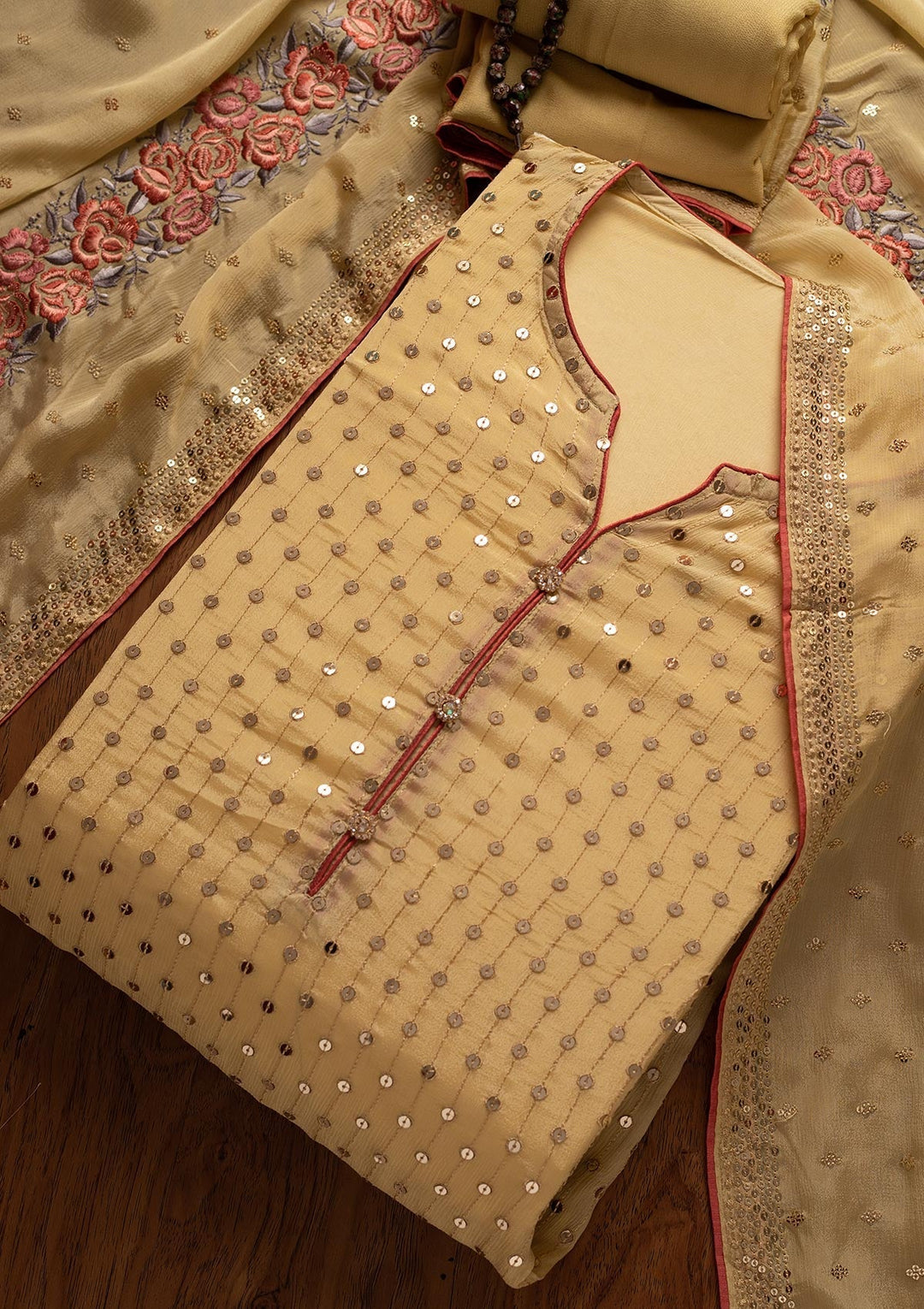 Lemon Yellow Sequins Semi Crepe Designer Semi-Stitched Salwar Suit - koskii