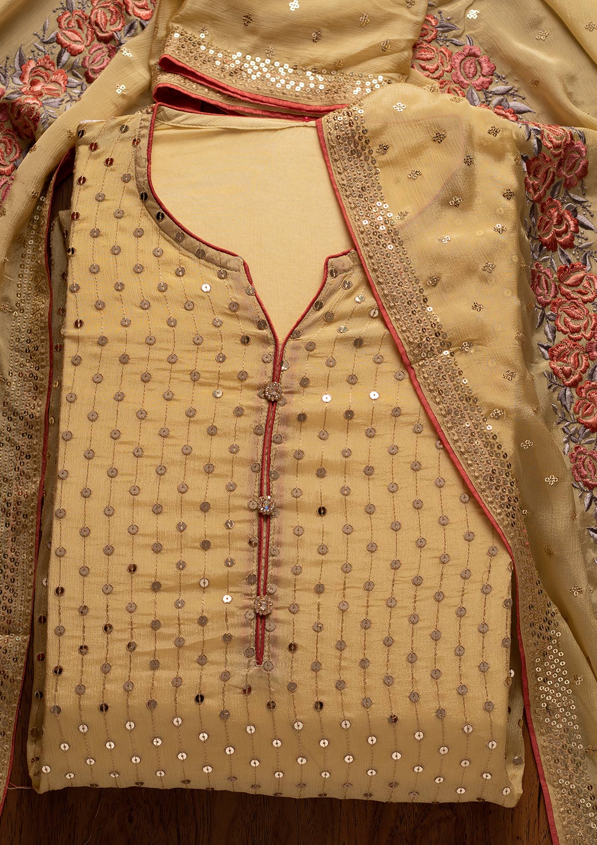 Lemon Yellow Sequins Semi Crepe Designer Semi-Stitched Salwar Suit - koskii
