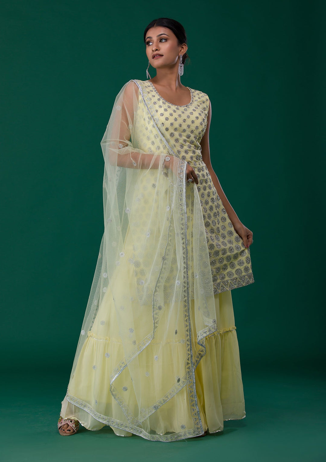 Lemon Yellow Silver Stonework Georgette Designer Salwar Suit-Koskii