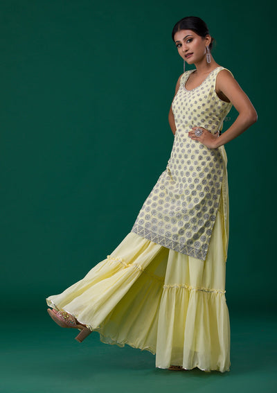 Lemon Yellow Silver Stonework Georgette Designer Salwar Suit-Koskii