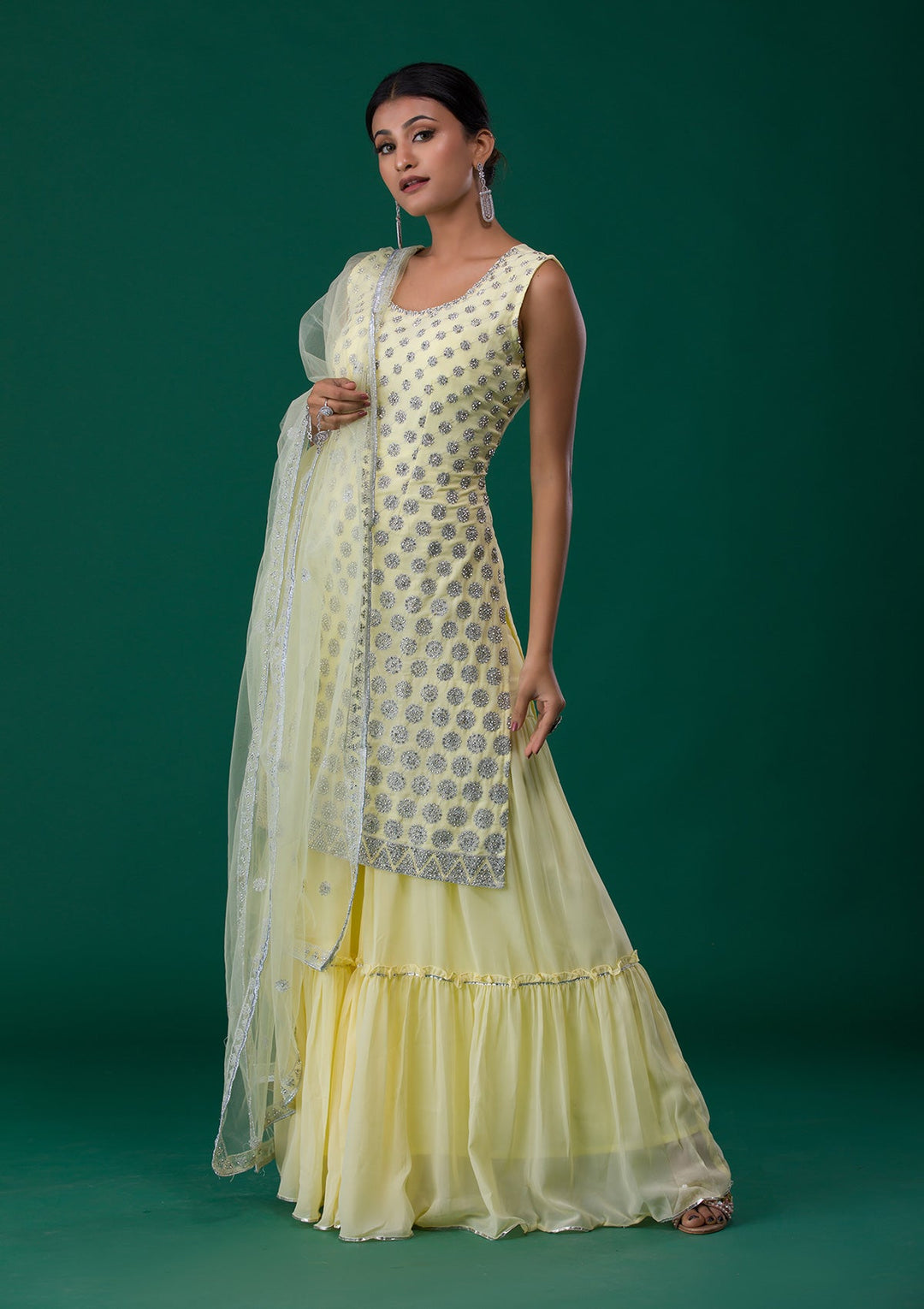 Lemon Yellow Silver Stonework Georgette Designer Salwar Suit-Koskii