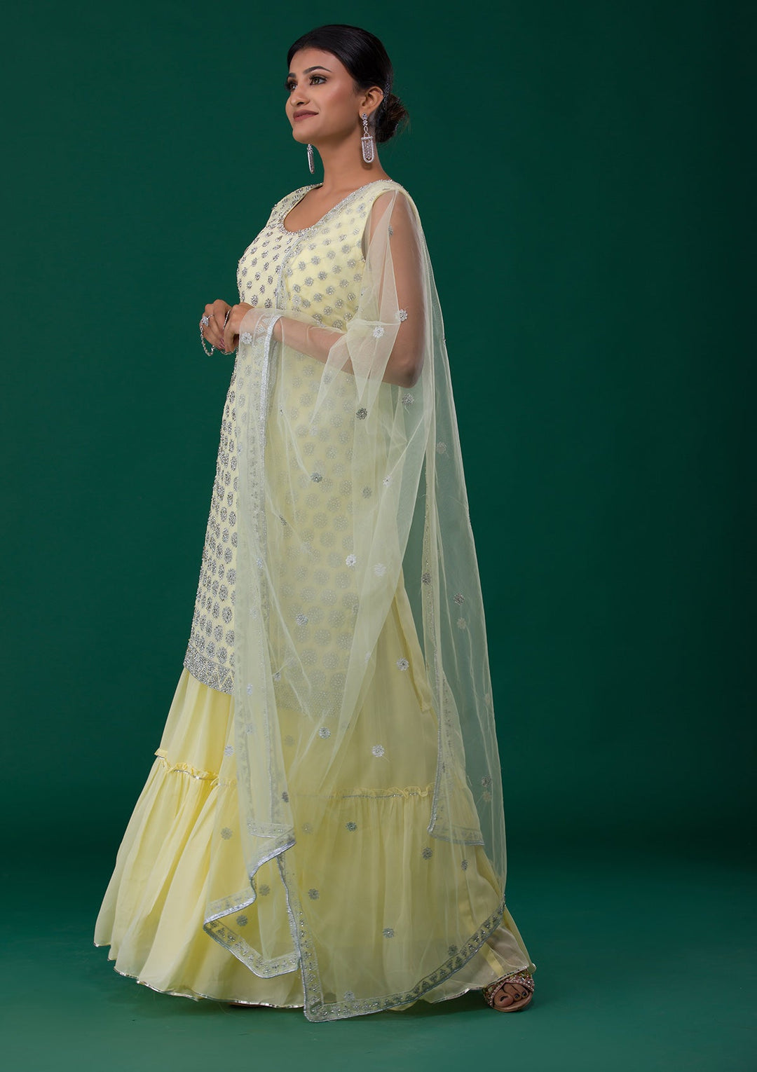 Lemon Yellow Silver Stonework Georgette Designer Salwar Suit-Koskii