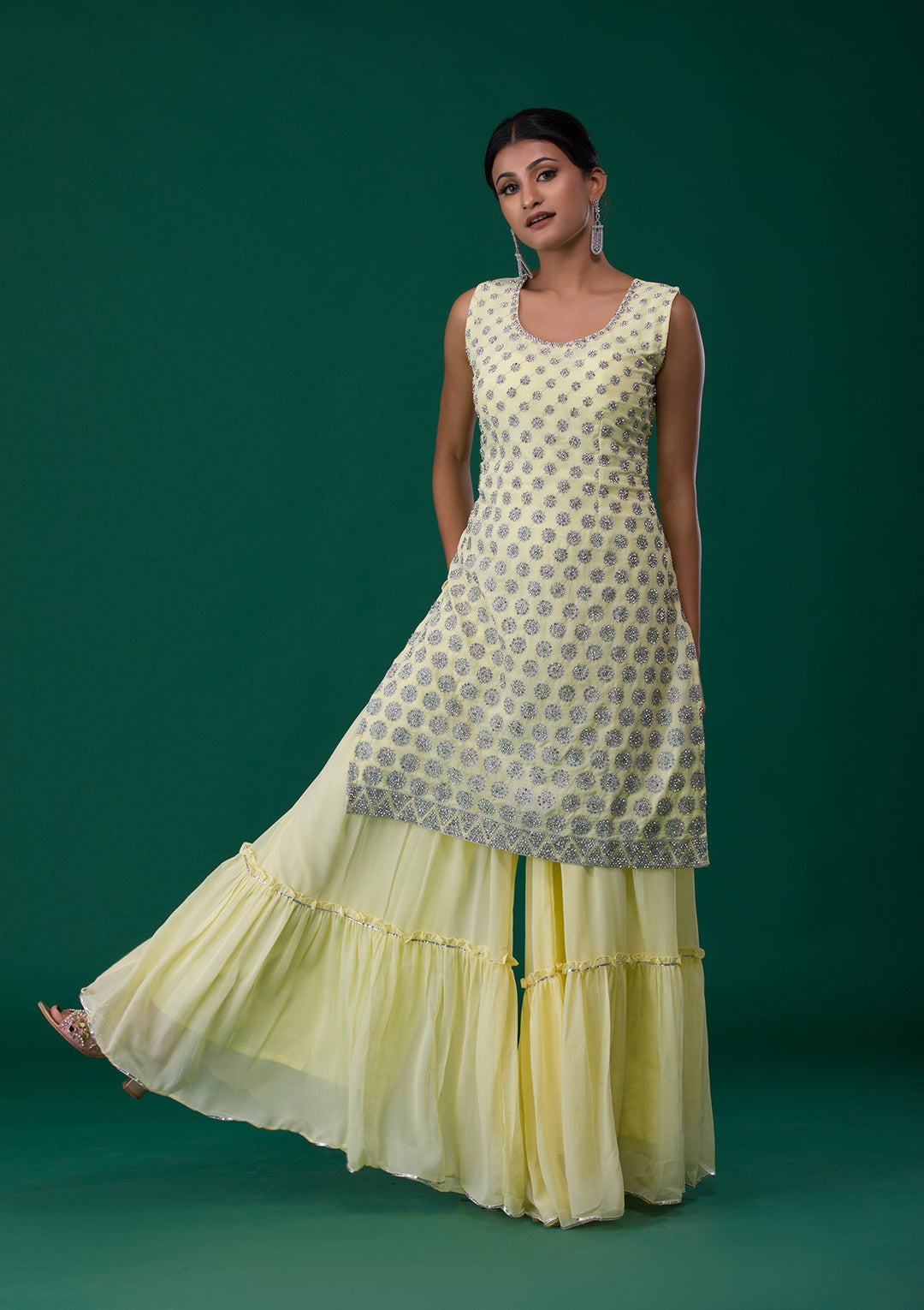 Lemon Yellow Silver Stonework Georgette Designer Salwar Suit-Koskii