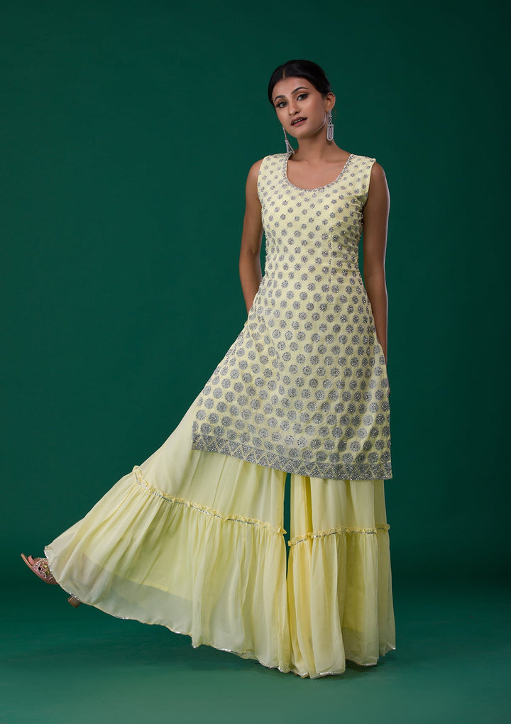 Lemon Yellow Silver Stonework Georgette Designer Salwar Suit-Koskii