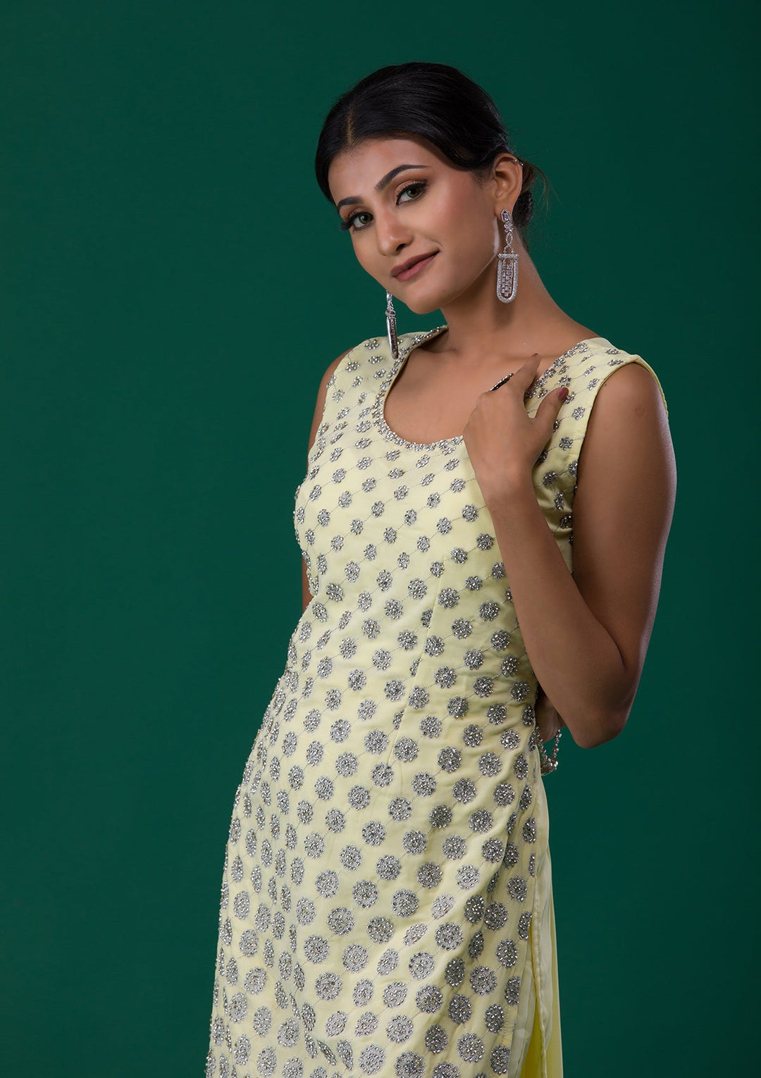 Lemon Yellow Silver Stonework Georgette Designer Salwar Suit-Koskii