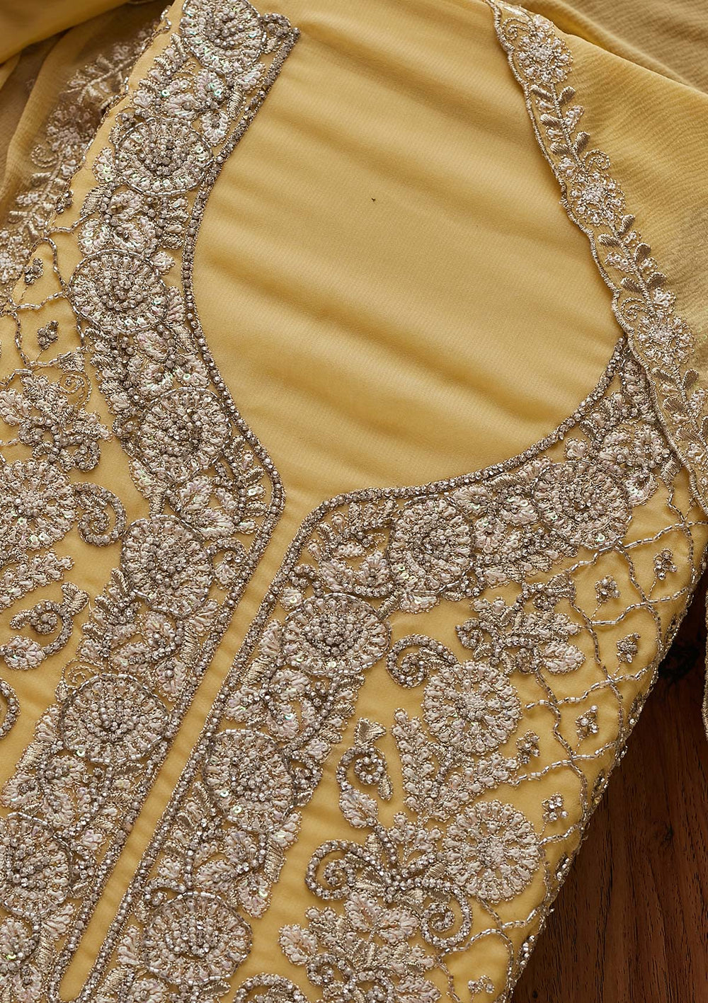 Lemon Yellow Silver Stonework Georgette Designer Semi-Stitched Salwar Suit - Koskii
