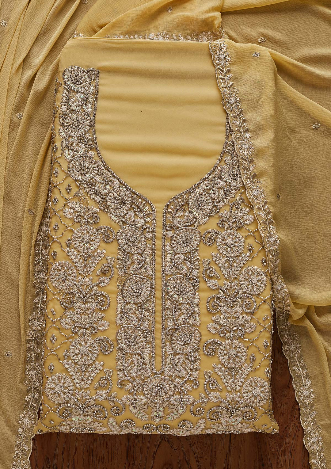 Lemon Yellow Silver Stonework Georgette Designer Semi-Stitched Salwar Suit - Koskii