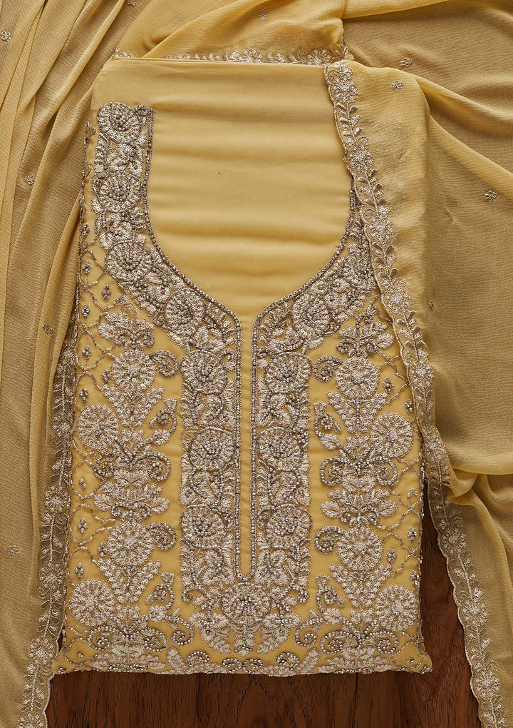 Lemon Yellow Silver Stonework Georgette Designer Semi-Stitched Salwar Suit - Koskii