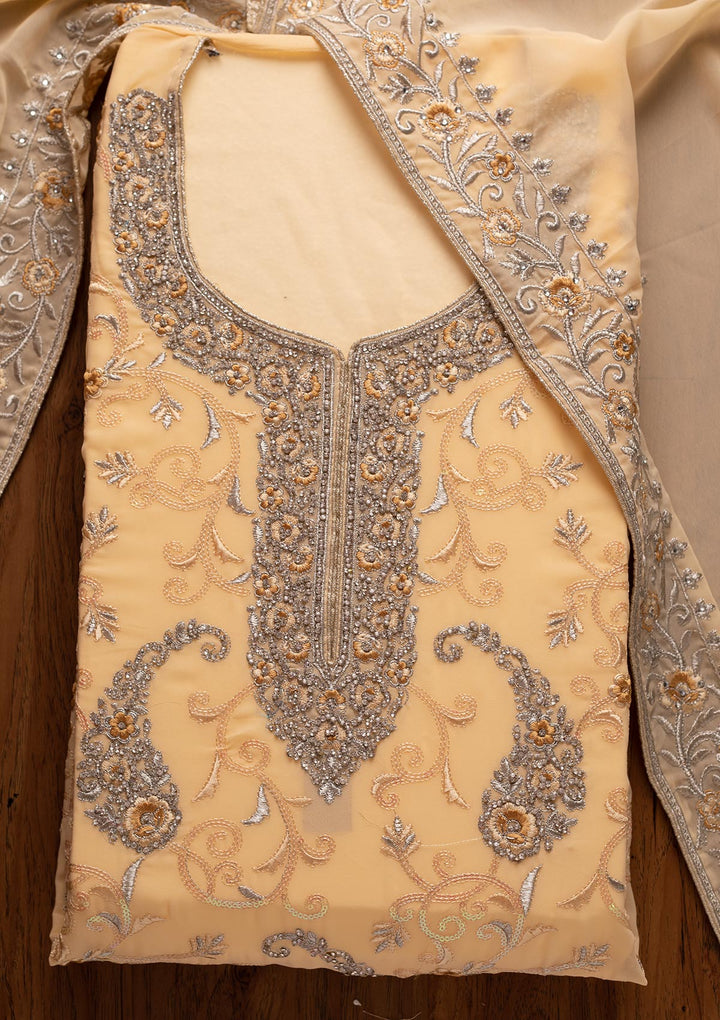 Lemon Yellow Silver Stonework Georgette Designer Unstitched Salwar Suit - koskii