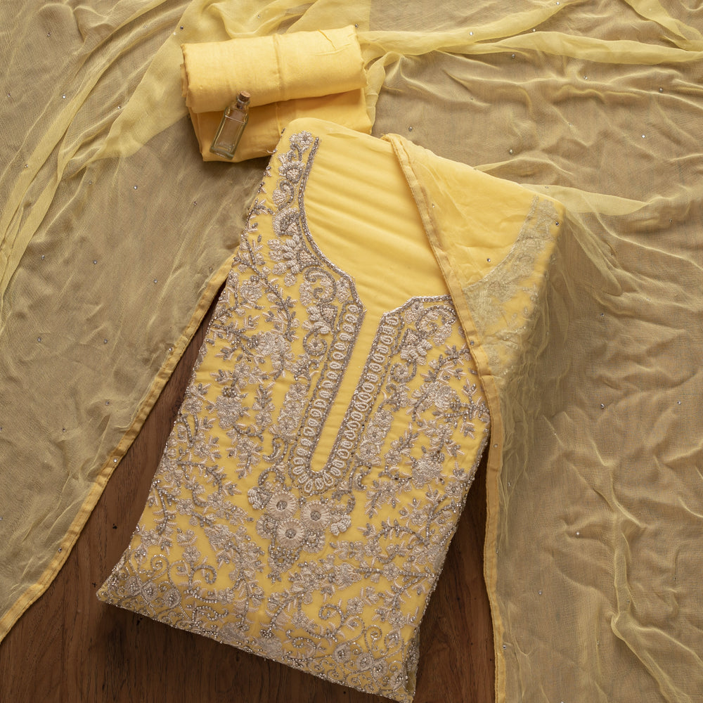 Lemon Yellow Silver Stonework Georgette Designer Unstitched Salwar Suit - koskii