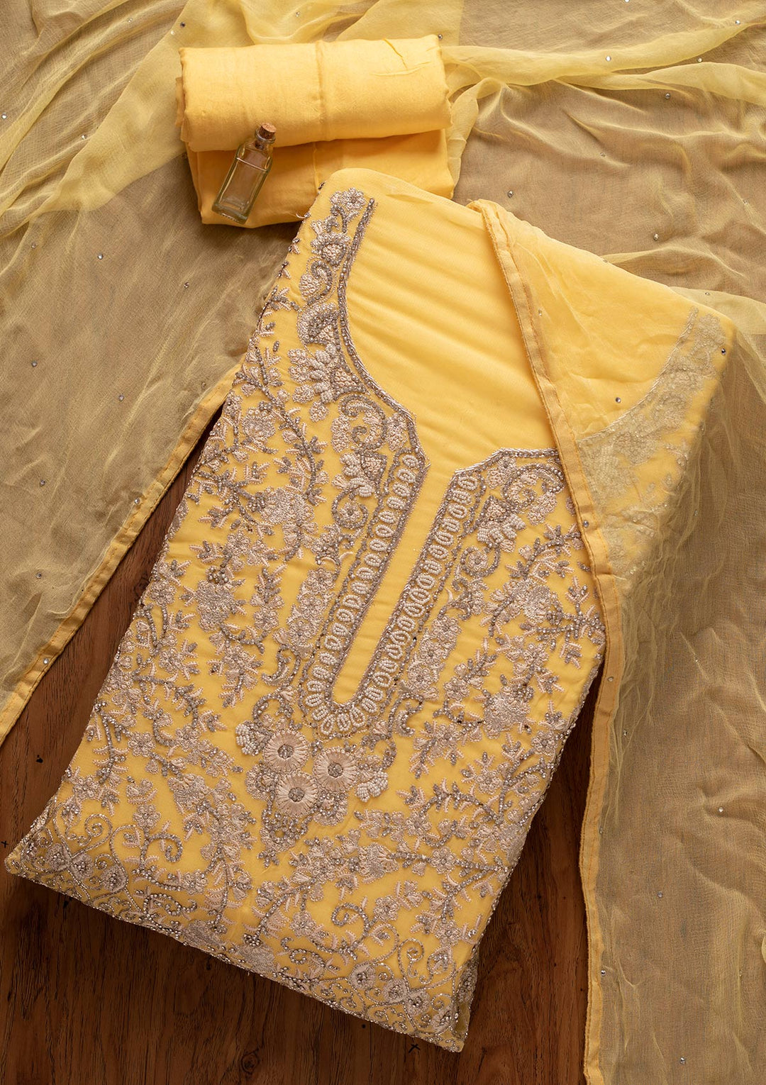 Lemon Yellow Silver Stonework Georgette Designer Unstitched Salwar Suit - koskii