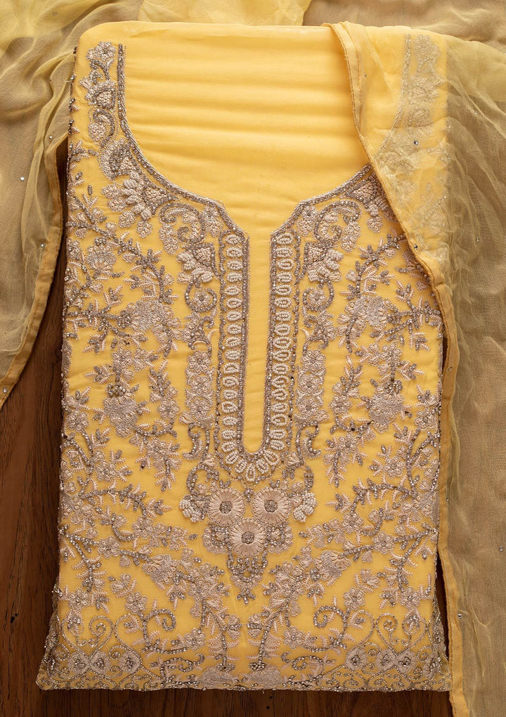Lemon Yellow Silver Stonework Georgette Designer Unstitched Salwar Suit - koskii