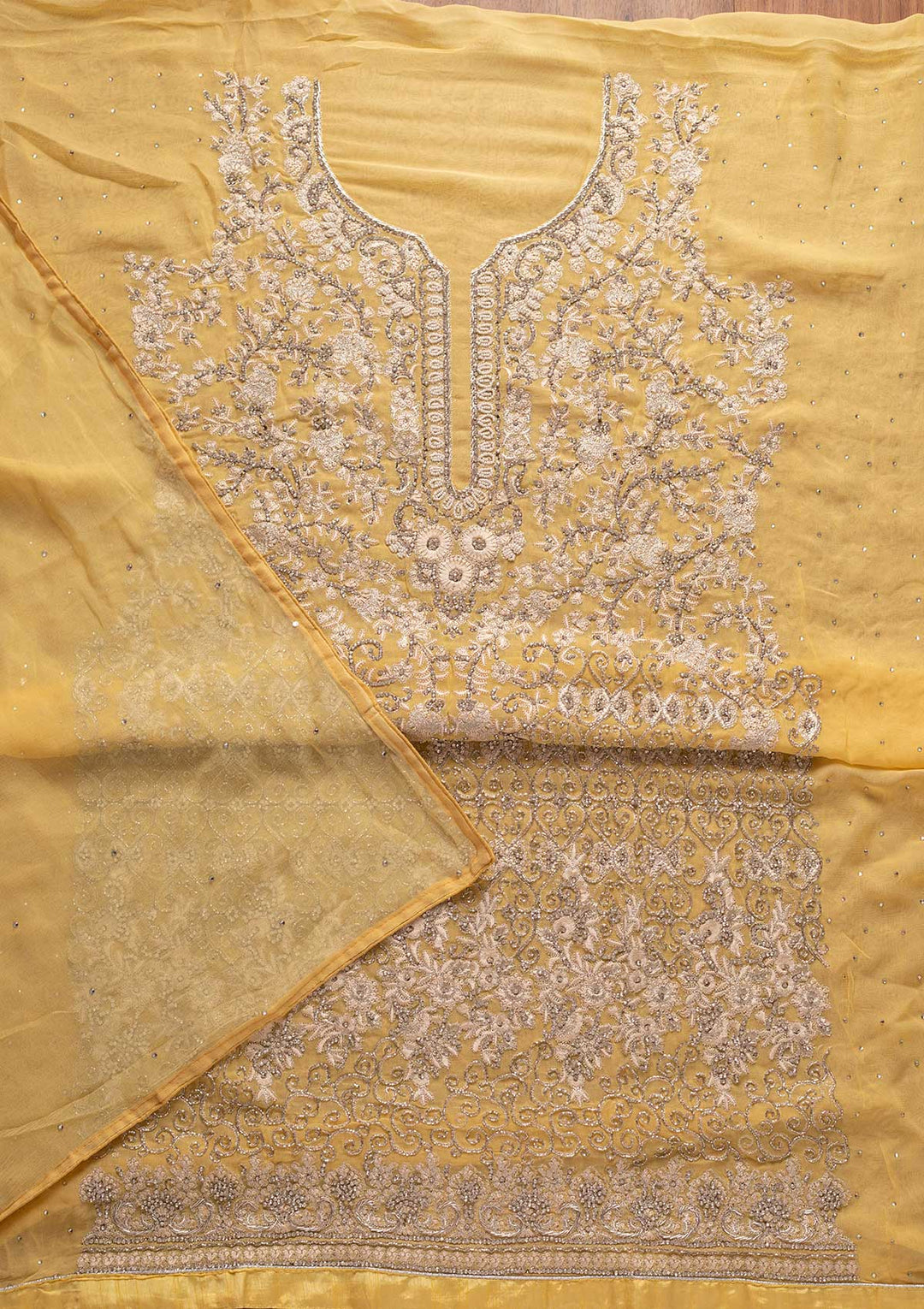 Lemon Yellow Silver Stonework Georgette Designer Unstitched Salwar Suit - koskii