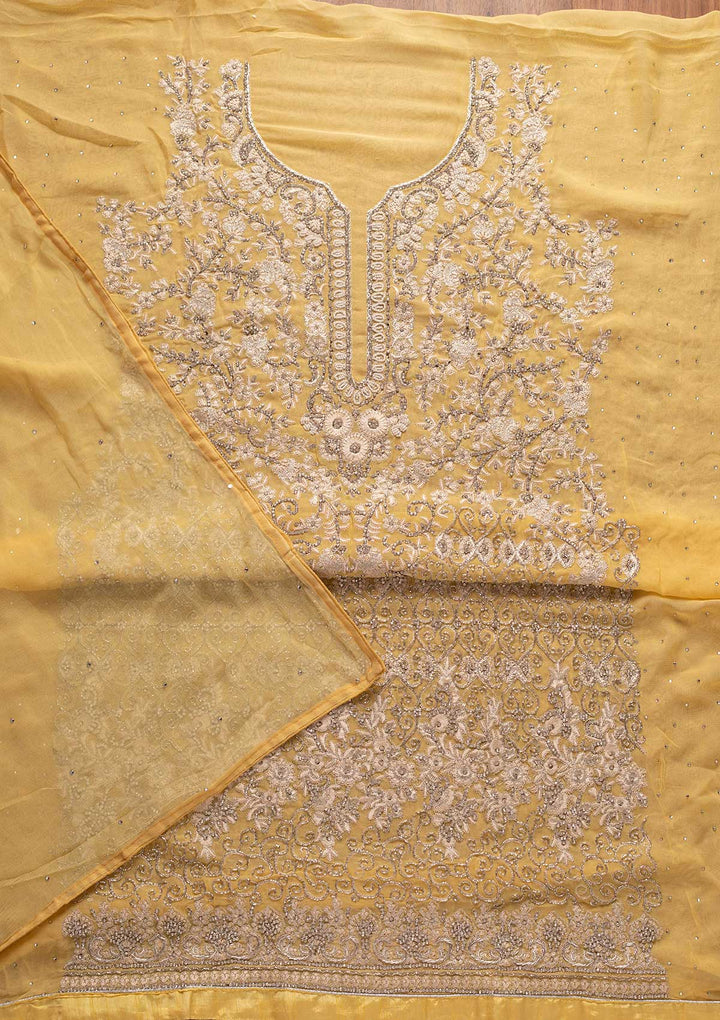 Lemon Yellow Silver Stonework Georgette Designer Unstitched Salwar Suit - koskii