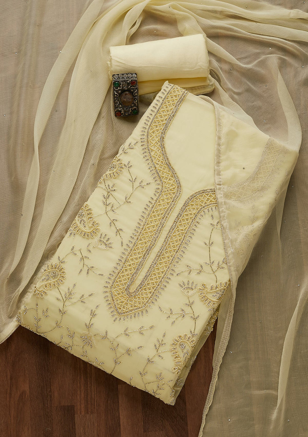 Lemon Yellow Silver Stonework Georgette Unstitched Salwar Suit-Koskii