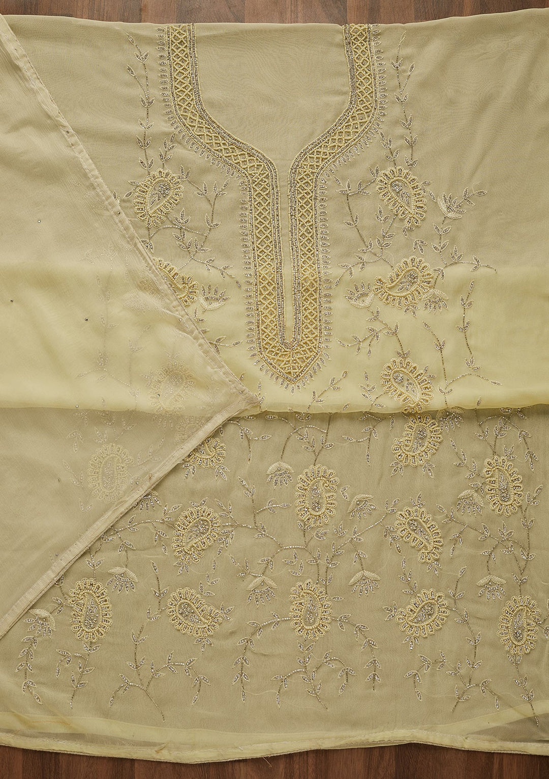 Lemon Yellow Silver Stonework Georgette Unstitched Salwar Suit-Koskii