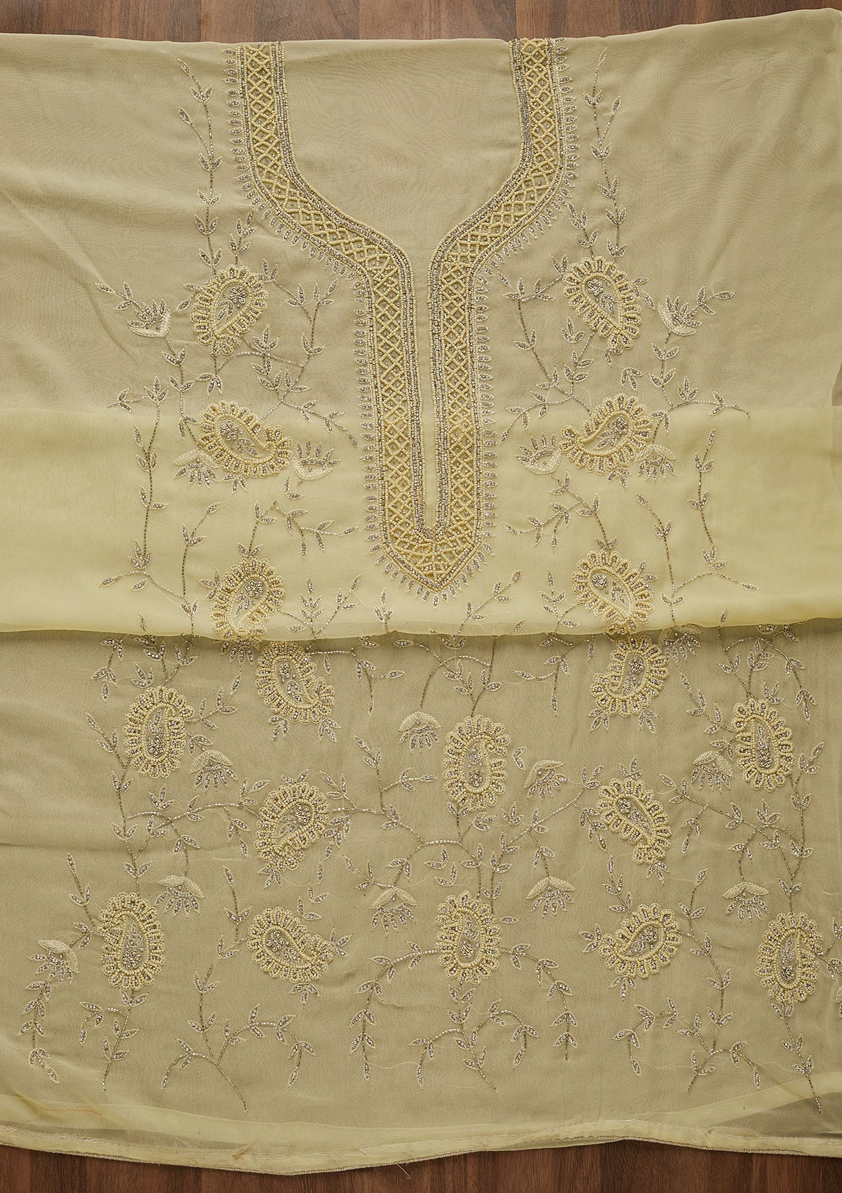 Lemon Yellow Silver Stonework Georgette Unstitched Salwar Suit-Koskii