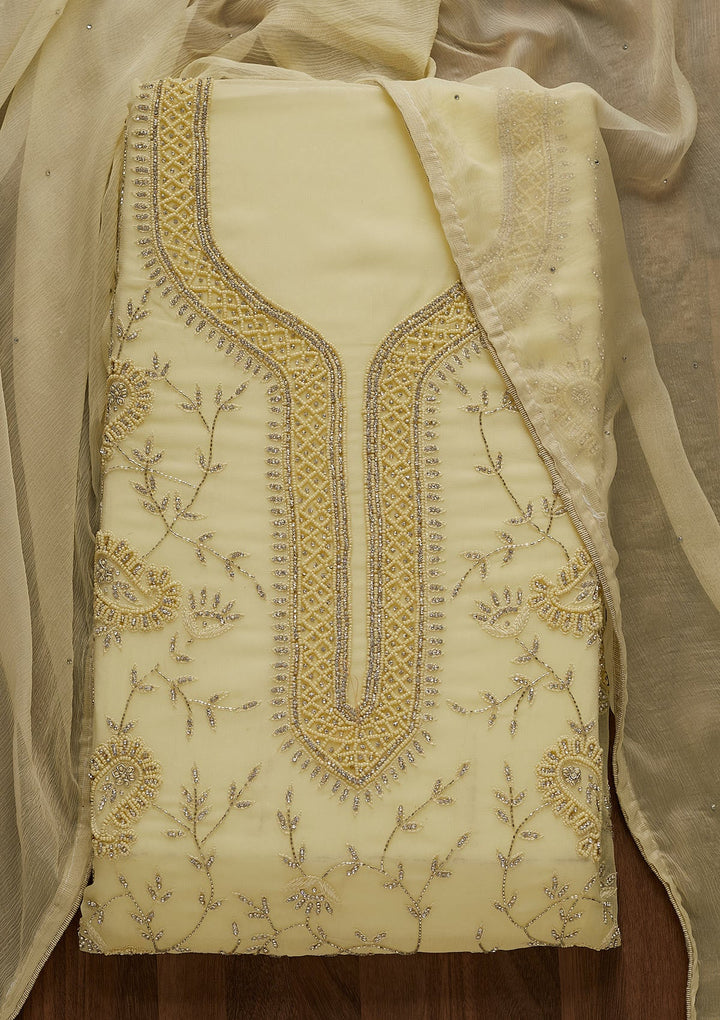 Lemon Yellow Silver Stonework Georgette Unstitched Salwar Suit-Koskii