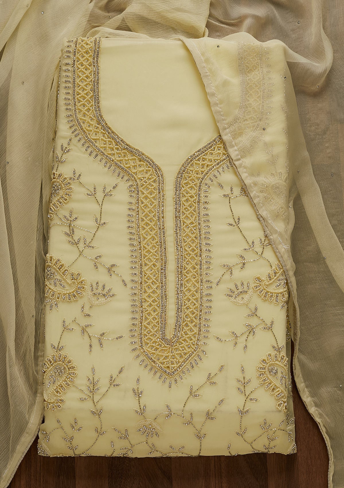 Lemon Yellow Silver Stonework Georgette Unstitched Salwar Suit-Koskii