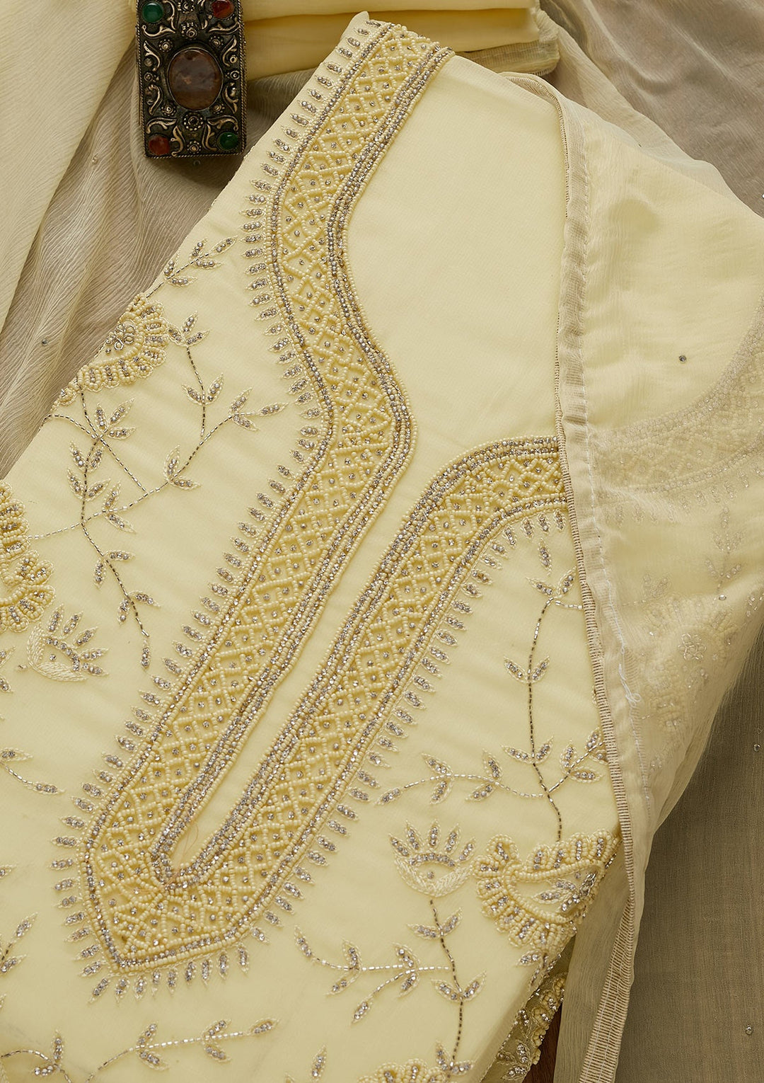 Lemon Yellow Silver Stonework Georgette Unstitched Salwar Suit-Koskii