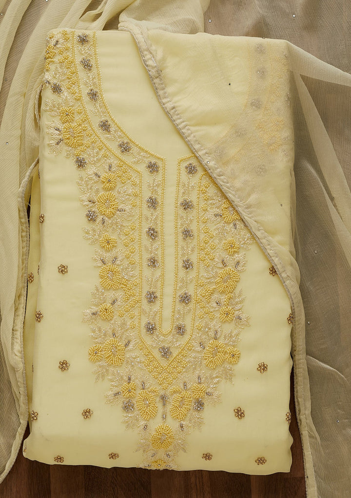 Lemon Yellow Silver Stonework Georgette Unstitched Salwar Suit-Koskii