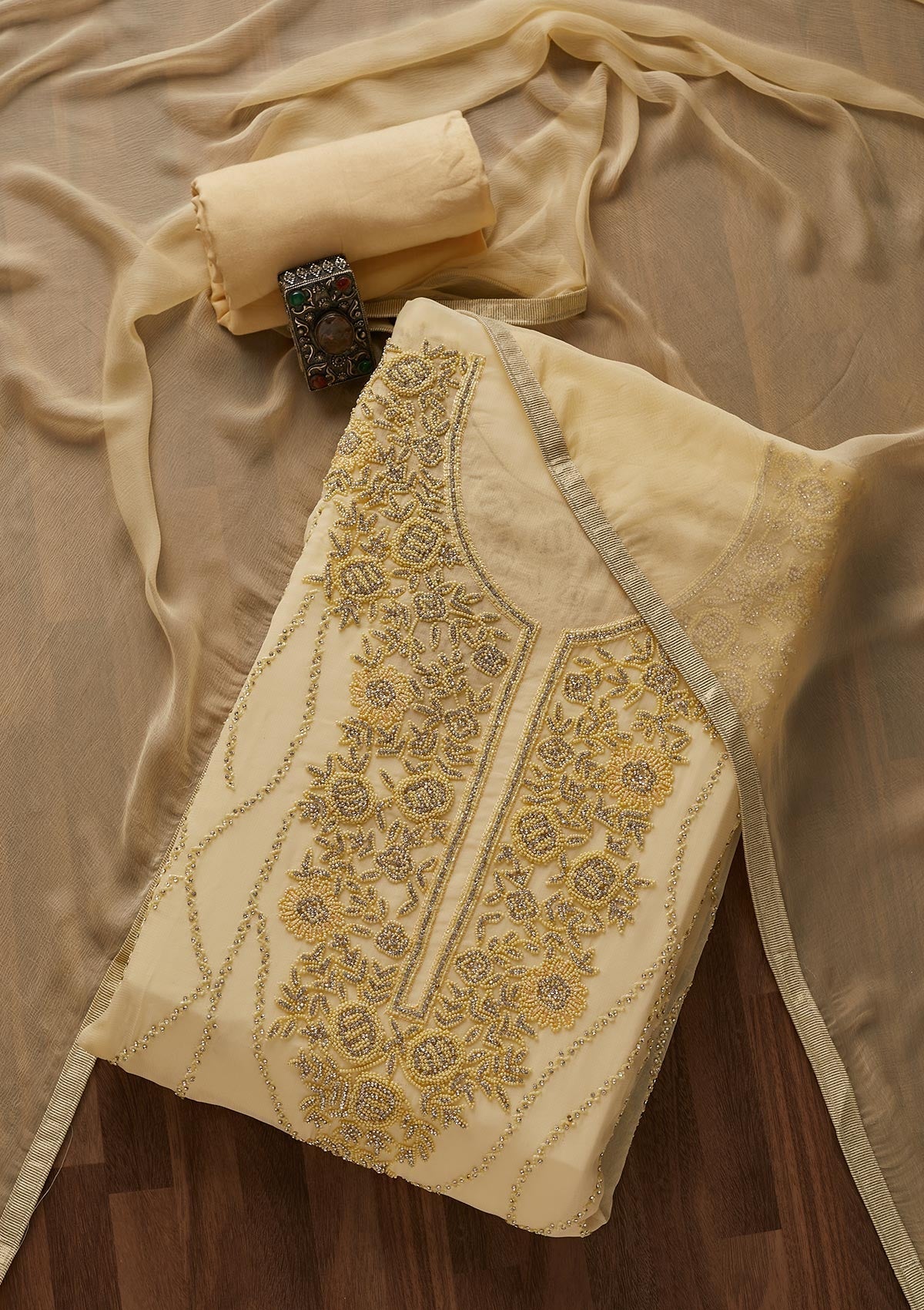 Lemon Yellow Silver Stonework Georgette Designer Unstitched Salwar Suit - Koskii