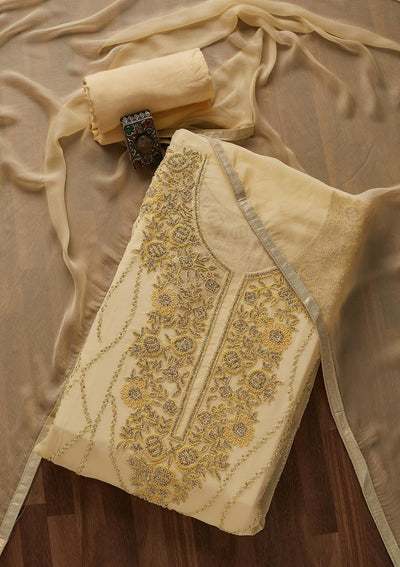 Lemon Yellow Silver Stonework Georgette Designer Unstitched Salwar Suit - Koskii