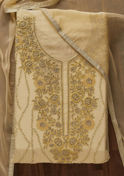 Lemon Yellow Silver Stonework Georgette Designer Unstitched Salwar Suit - Koskii