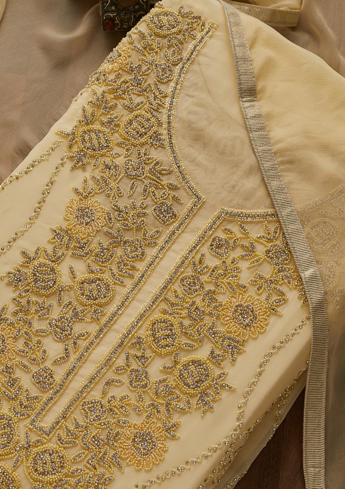 Lemon Yellow Silver Stonework Georgette Designer Unstitched Salwar Suit - Koskii