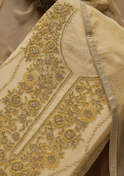 Lemon Yellow Silver Stonework Georgette Designer Unstitched Salwar Suit - Koskii