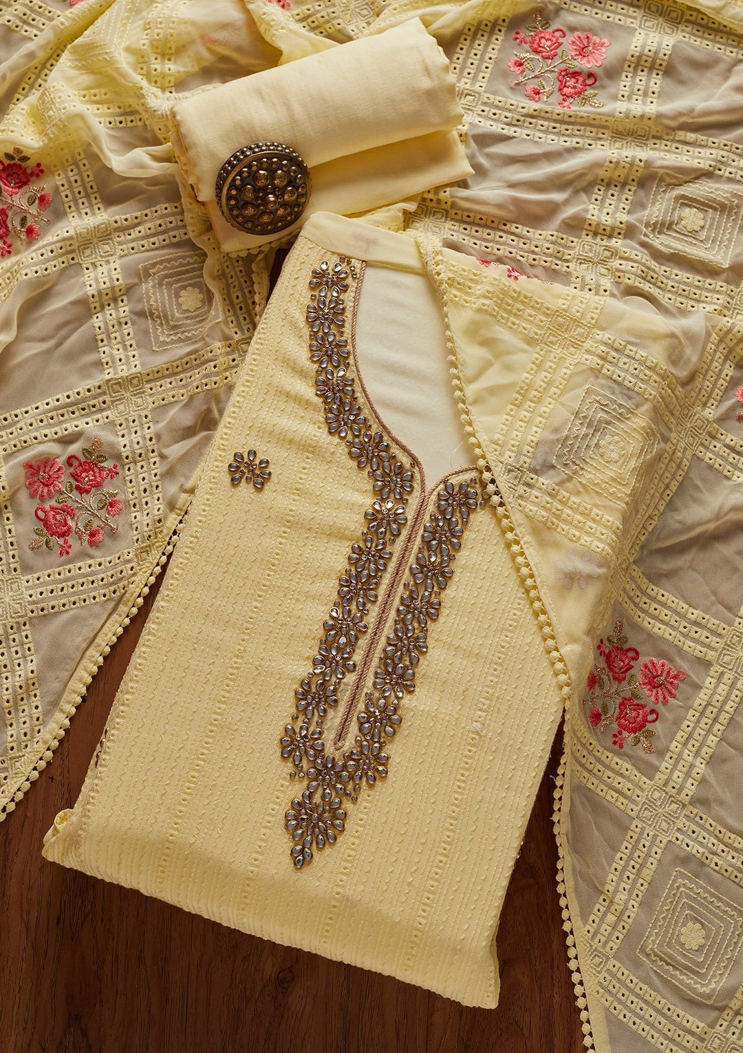 Lemon Yellow Stonework Georgette Designer Unstitched Salwar Suit - koskii
