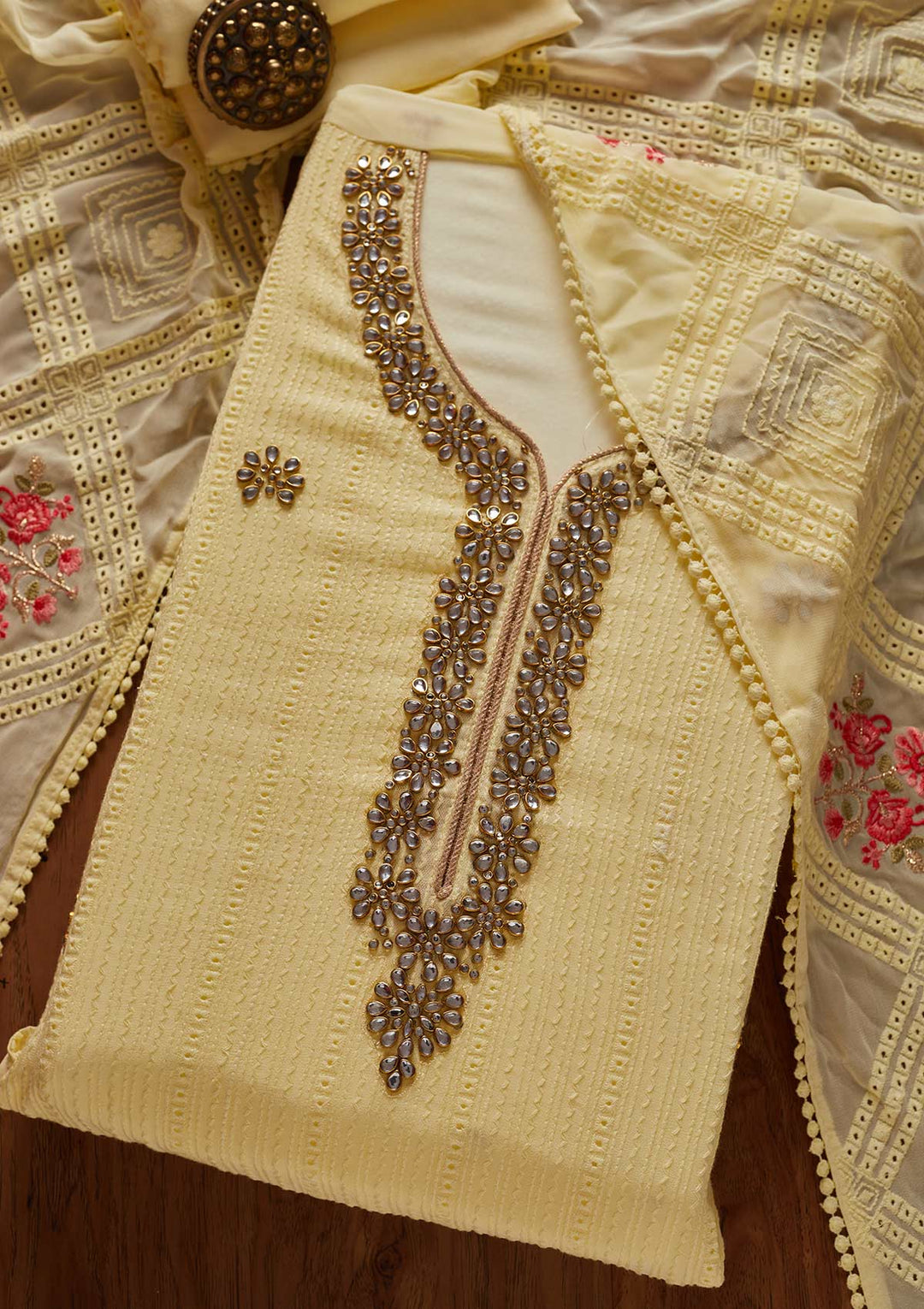 Lemon Yellow Stonework Georgette Designer Unstitched Salwar Suit - koskii