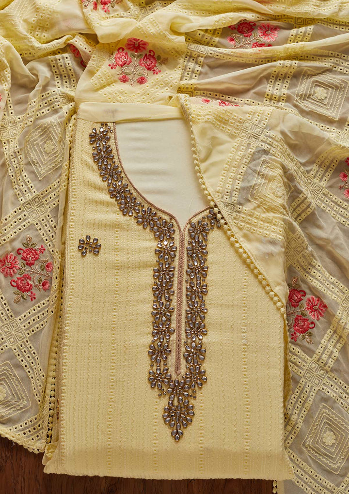 Lemon Yellow Stonework Georgette Designer Unstitched Salwar Suit - koskii