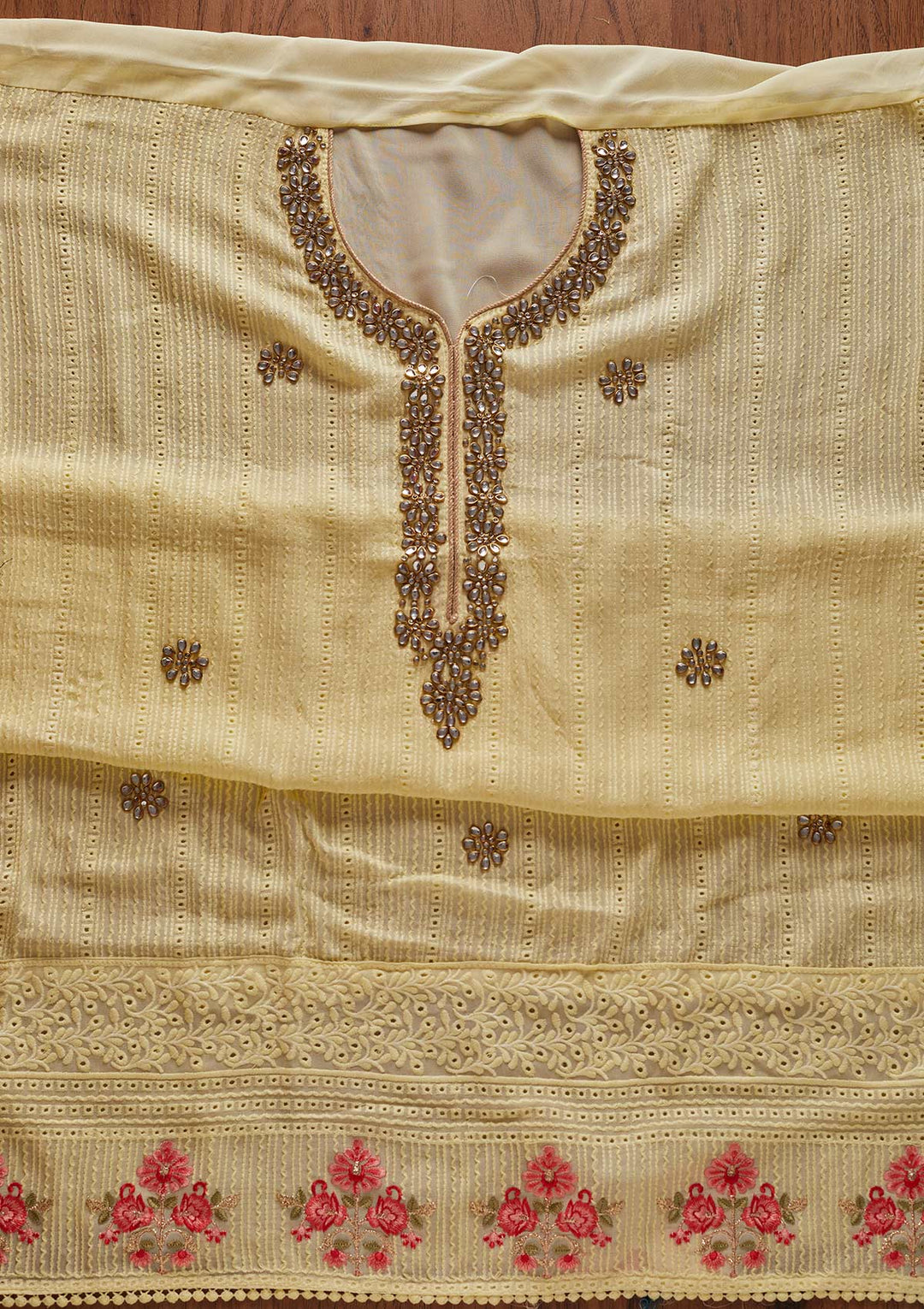 Lemon Yellow Stonework Georgette Designer Unstitched Salwar Suit - koskii